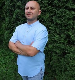 Чоловіча лляна сорочка на стійку блакитна. 0001843 фото