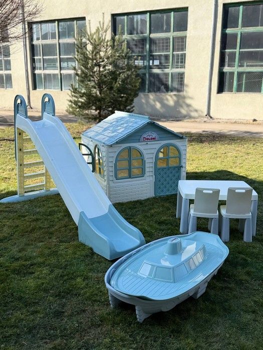 МЕГА НАБІР Середній будиночок зі шторками, велика пластикова гірка та столик зі стільцями та пісочницею СББ+ВГБ+ПСБ+СБ+2СБ/1 фото